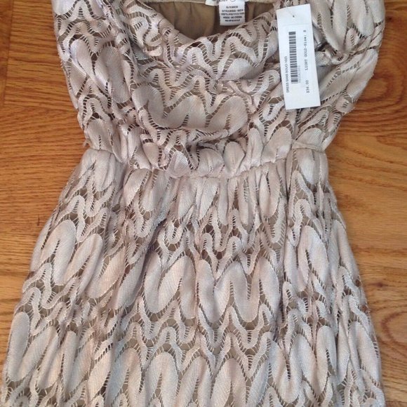 SANS SOUCI STRAPLESS SHEER LACE MAXI DRESS WOMENS S BEIGE LINED POLYESTER BOHO - Picture 7 of 12